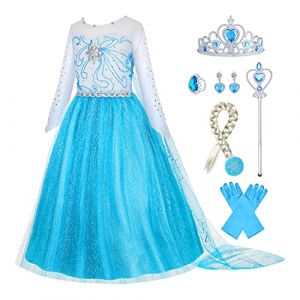 Gridamea Robe Elsa Reine Des Neiges Filles Deguisement Elsa Des Glaces Robe de Princesse Avec Couronne/Baguette/Gants/Tresse/Boucles d'oreilles/Bague pour Anniversaire d'enfant,fête, Cosplay (Gridamea, neuf)