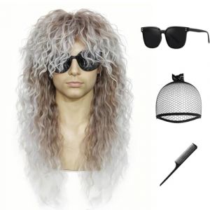 Kavsni Perruque rock ondulée avec frange pour costume des années 70/80 pour femme et homme - Perruque de fête hippie amusante (dégradé marron) - Blanc (Fast Media Ships From USA, neuf)