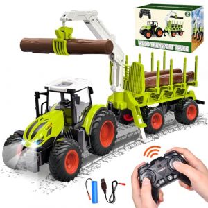 Aragallant RC Tracteur Telecommandé Enfant, Tracteur Telecommande avec Remorque Forestière à Partir de 2 3 4 5 6 Ans, Jouet Ferme avec Grappin et 4 Troncs d'arbre, Cadeau de Noël pour Enfants (Aragallant Etrade, neuf)