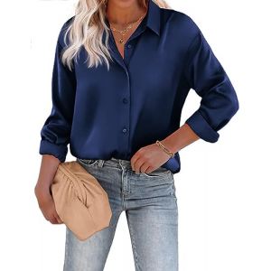 Beyove Chemisier Femme Satin Soie Col V Chemises Élégantes Manches Longues Business Tops avec Boutons Tops Ample Chemise à Manches Longues Bleu Marine S (Pinspark, neuf)