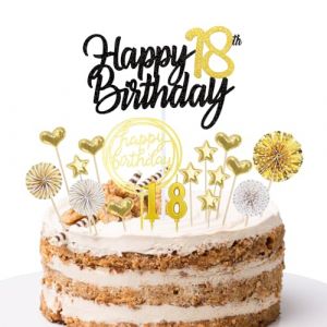 DazzJoy Lot de 18 décorations de gâteau d'anniversaire pour 18e anniversaire garçon fille - Paillettes dorées et noires - Geko - Happy 18th Birthday - Avec bougies d'anniversaire (JUANQU, neuf)