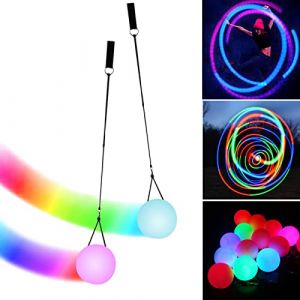 Lot de 2 balles de poï à LED avec couleurs arc-en-ciel et effet stroboscopique, balles de jonglage POI avec double boucles réglables en lin, pour débutants et professionnels (RAMONISA SHOP, neuf)