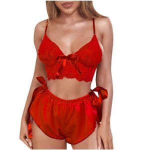 Ensemble Lingerie Sexy Maille Dentelle Nœud Papillon Femmes sous-Vêtements 2 Pièces Soutien-Gorge et Culotte Col V Bralette à Bretelles et Short Satin Pyjama Babydoll (Rouge, Taille Unique) (pengjunjiemeiguofushi, neuf)
