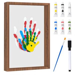 Zinueen Kit d'empreintes de main de famille avec cadre en bois - Créatif personnalisé avec des couleurs non toxiques et des feuilles transparentes (marron) (Zinueen, neuf)