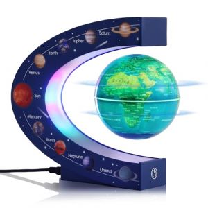 Globe Terrestre Magn&eacute;tique en L&eacute;vitation Rotatif 3 Pouces avec Lampe Color&eacute;e, Cadeau D&eacute;co de Bureau Original pour Hommes, Patron ou Jouet &Eacute;ducatif pour Enfants, Syst&egrave;me Solaire 9 Plan&egrave;tes Astronomie (newhy001, neuf)