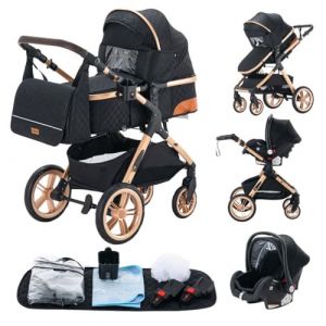 GLOKID Poussette 3 en 1，Poussette Canne，Trio，Avec Siège Accessoires，Adaptateurs Universels，Landau Bébé jusqu'à 25 kg，4 roues avec amortisseurs，Nacelle，Grandes Roues，pliage d'un clic (XX1 Noir) (EUCHILDREN, neuf)
