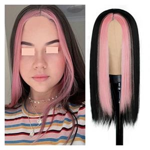 Perruques en dentelle ondul&eacute;e - Perruque synth&eacute;tique longue et droite - Perruque bleu clair pour femme - M&eacute;lange noir et blond - Partie centrale - Cheveux naturels - Perruques synth&eacute;tiques naturelles (yangqinbaihuo, neuf)