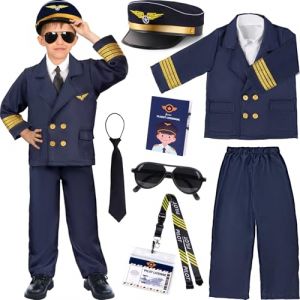 G.C D&eacute;guisement Pilote Avion Enfant avec Casquette de Pilote Cravate Lunettes de Soleil Aviateur Capitaine Uniforme Tenue Costume Halloween Deguisement Carnaval pour Gar&ccedil;on (M, 8-10 Ans) (G.C EU, neuf)