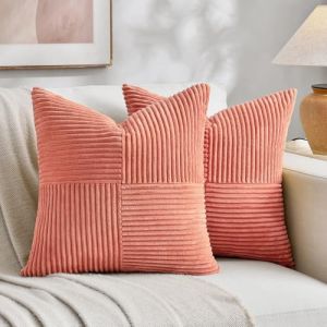 FDTERN Lot de 2 Boho Housse de Coussin 35x35 Rouge Corail,&agrave; Motif Crois&eacute; Decoration Housses de Coussin en Velours C&ocirc;tel&eacute;,Douillet Taie d'oreiller Housse Coussin Moderne pour Canap&eacute; Chambre Chaise Lit (Fdtern-eu, neuf)