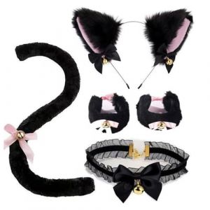 Galenecx 5 Pi&egrave;ces Accessoires Costume de Chat, Ensemble Cosplay de Chat, Serre T&ecirc;te avec Oreilles de Chat, Bracelet en Peluche, Collier Clochette et Cueue de Chat, pour Halloween, No&euml;l, cosplay (binj, neuf)