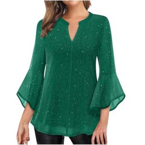 Femme Blouse &agrave; Paillettes Col Crois&eacute; en V Cache-C&oelig;ur Paillett&eacute; &agrave; Manches 3/4 &agrave; Taille Pliss&eacute;e Haut &agrave; Sequins Chic et &Eacute;l&eacute;gant Haut a Paillette Femme Soiree Disco Chemisier Tenue de Fete Pas Cher (⭐⭐⭐⭐⭐AEGJEGVD⭐⭐⭐⭐⭐, neuf)