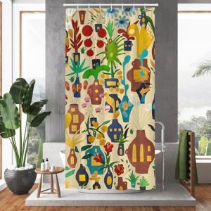 Hopomoon Rideau de Douche r&eacute;tro &agrave; Fleurs de Style boh&egrave;me avec Motifs Abstraits de Plantes Tropicales et de c&eacute;ramiques Rideau de Douche D&eacute;coration de Salle de Bain 90 x 180 cm avec 12 Crochets (Hopomoon EU, neuf)