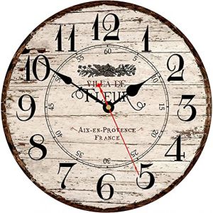 Toudorp Horloge Murale 30 CM Facile à Lire Chiffres Arabes Horloge Murale en Bois Silencieux sans Coutil À Piles Horloges Murales Maison Rétro Style Country Français Art Décor Horloge Suspendue (Toudorp FR, neuf)