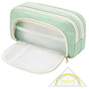 CAIXIANGYU ​Trousse Scolaire Grande Capacit&eacute; 3 Compartiments avec &Eacute;querre en Tissu Oxford - Multifonctionnelle pour &Eacute;cole, &Eacute;tudes, Bureau - Enfants, Ados, Adultes​ (Vert) (TIME AND STARS, neuf)