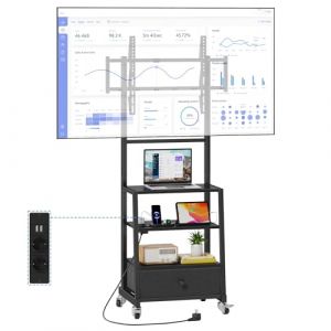 OYRREU Meuble TV sur roulettes avec Support et Prises &eacute;lectriques, Meuble TV Mobile &agrave; Hauteur r&eacute;glable avec tiroir de Rangement, pour Chambre, Salon, Salle de Sport, Nero (EN-HOME, neuf)