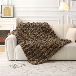 DREAMLANDING Couverture en fausse fourrure de lapin de luxe en peluche sherpa r&eacute;versible, couverture en fourrure floue chaude et confortable pour lit, canap&eacute;, d&eacute;coration de la maison (l&eacute;opard, 130 (HangZhou Azure, neuf)