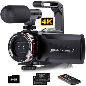 Hojocojo Caméra vidéo 4K 64MP Caméscope Vlogging Caméra Youtube, Dual Camera 3" Écran Rotatif à 270° Video Camera avec Carte 64 Go, Microphone, stabilisateur, télécommande, 2 Piles (HEKE HOME, neuf)