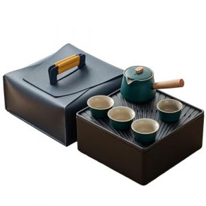 Bo&icirc;te de rangement portable pour le th&eacute; de voyage avec une th&eacute;i&egrave;re et une th&eacute;i&egrave;re en c&eacute;ramique avec poign&eacute;e lat&eacute;rale Vert (Unique Mug Stores, neuf)