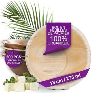 Waipur Bols en Feuilles de Palmier - 200 pcs. 13 cm /275 ml - Vaisselle Jetable Naturelle et Élégante - Chic, Résistante et au Design Unique - Saladier pour Buffet - comme le Bambou (Rabe Kontor ⭐⭐⭐⭐⭐, neuf)