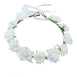 Bandeau de fleurs r&eacute;glable pour mari&eacute;e - Couronne de fleurs boh&egrave;me - Couronne de cheveux pour mariage - Couronne de cheveux avec ruban pour femme et fille - Blanc (cheng juan1, neuf)