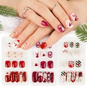 72pcs Noël Faux Ongles Court Nail Ongle Couverture Complète Sapin Flocon de Neige Renne Étoile Rouge Or Paillette en ABS Transfert Pochoir Décoration DIY Accessoire de Manucure pour Femme Fille Fête (ShanDongYuRui, neuf)