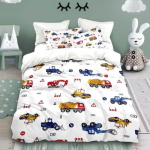 TKCQX Housse de Couette Enfant Voiture de Dessin Anim&eacute; Parure de Lit 90x190 Enfant Gar&ccedil;on Fille Adulte Tracteur Excavateur Housse de Couette en Microfibre avec Taie d'oreiller 65x65 cm (TKCQX--欧盟R标, neuf)