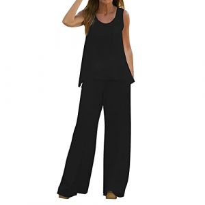 Ensemble Femme Pantalon et Haut Fluide Ensemble Femme Chic et Elegant Ensembles Femmes Ete Couleur Unie 2 Pièces avec Gilet Top sans Manches + Pantalon Large Veste Tailleur Femmes Sport Casual (Sunliney, neuf)
