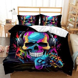 ZZTBQ Tête de Mort Gamer Housse de Couette 1 Personne Lit Enfant 140x200 cm Gaming Tête de Mort Enfant Parure de lit 1 Personne 140 x 200 cm Jeu Vidéo Gothique Crâne 2 Piece Ensembles Microfibre (ZZTBQ, neuf)