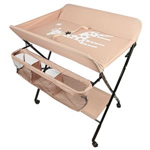 Supfine Table &agrave; Langer Pliable et Portable, Table a Langer Pliante Chambre B&eacute;b&eacute; R&eacute;glable en Hauteur, 4 Roues avec Freins, Meuble &agrave; Langer pour De la naissance &agrave; 12 Mois (Beige &agrave; rose) (hlang EU, neuf)