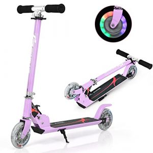 KOMFOTTEU Trottinette Enfant avec 2 roulettes, LED et Frein, Planche &agrave; roulettes Pliabl, Hauteurs r&eacute;glables 63-85 cm, Scooter en Aluminium, Charge jusqu'&agrave; 70 kg, Enfants Plus de 4 Ans (Violet) (Komfort GmbH, neuf)