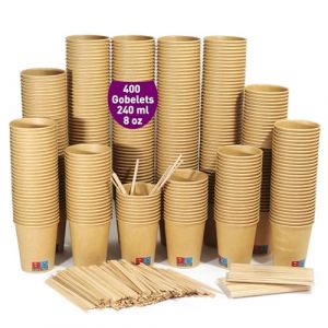 400 gobelets jetables kraft de 240 ml / 8 oz, gobelets en carton kraft jetables avec b&acirc;tonnets en bois pour caf&eacute; am&eacute;ricain, caf&eacute; au lait et boissons rafra&icirc;chissantes. &Agrave; emporter (Cloudes Market, neuf)