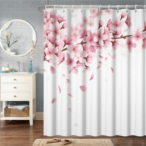 Bovlleetd Rideau de Douche Floral Rose Tissu Printemps Romantique Fleur Rideau de Douche Floral pour Salle de Bain Fleur de pêcher Rideau de Douche de Salle de Bain avec Crochets 92W x 183H cm (Bettershangmaoyouxiangongsi, neuf)