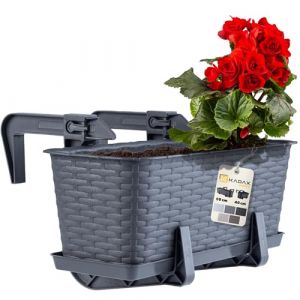 KADAX Jardinière Suspendue Extérieure 40 cm, Balconnière en Plastique Aspect Rotin avec Supports de Fixation Intégrés et Soucoupe (Graphite) (KADAX, neuf)