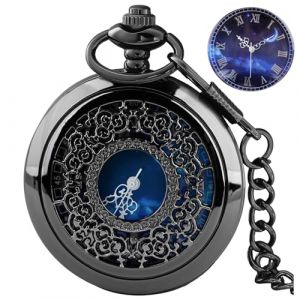Tiong Montre de poche &agrave; quartz avec chiffres romains creux, style vintage, bleu &eacute;toil&eacute;, avec cha&icirc;ne et pendentif pour homme et femme, 06 - Noir, Classique (YITIAN-EU, neuf)