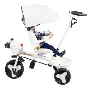 Poussette Tricycle à pédale4 en 1,Tricycle Enfants évolutif,Poussette Tricycle à pédale,et Pare-Soleil Pliable Amovible et Canne Parentale Ajustable-100 * 75 * 50cm-Blanc (Hechheu, neuf)