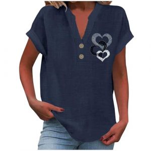 2025 Chemise Lin Femme Coton Et Lin Chemisier élégant à col en V Femme Manches Courtes Henley Chemisier Couleur Uni Tee Shirt été Haut Top Respirant T-Shirts Grande Taille Tunique Blouse Pas Cher (GMGM  (Économisez 50% sur 1 des 2 articles), neuf)