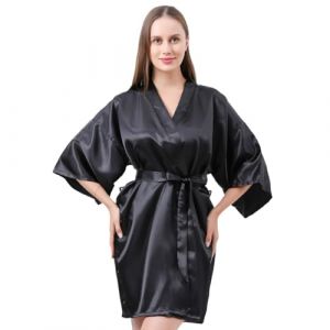 JSTHHTT Kimono Femme Peignoir de Bain Bridesmaid Robe de Chambre Bride Sortie de Bain Mariage Chemise de Nuit Nuisette Pyjama avec Ceinture, Peignoirs Manches 3/4 Col V, Peignoir Satin Femme (VESMELORASE, neuf)