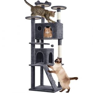 Yaheetech Arbre &agrave; Chat 203 cm, Arbre &agrave; Grimper avec 2 Niches 3 Plateformes 2 Boules en Sisal Multi-Niveaux Id&eacute;al pour 3-4 Chats, Gris Fonc&eacute; (Yahee365, neuf)