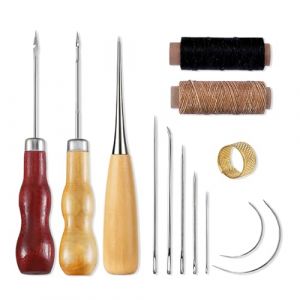 GIDWRIY Kit Couture Cuir, 2 Pcs Fil Ciré pour Cuir Marron Noir, avec Aiguille Cuir Main et Alene pour Cuir, Outils pour Coudre le Cuir, Kit de Réparation Couture,Aiguille et Fil a Coudre pour DIY (GOLDEN COVE 2025, neuf)