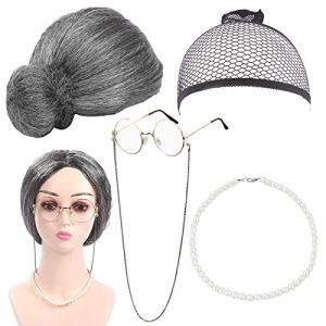 BLUESEABUY 5 Pcs Kit de Deguisement Grand Mere Vieille Dame Déguisement Accessoire avec Perruque Cap Perruque Grand Mère Lunettes Madea Granny Sangle de Chaîne de Lunettes Bijoux en Perles (TASTING PERCEPTION UNIPESSOAL LDA, neuf)