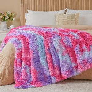 EMME Couverture en fausse fourrure, 220 x 240 cm, plaid de lit moelleux en polaire, super doux, &eacute;pais et &eacute;l&eacute;gant, chaud et confortable, jet&eacute;s r&eacute;versibles pour canap&eacute;, lit, arc-en-ciel-rose violet (EMME Home, neuf)