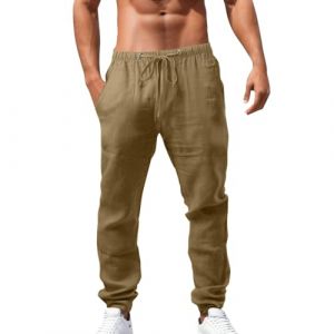 Hommes Pantalon Lin Ete Pantalon Decontracte avec Poches Cordon Pantalon Ample de Plage L&eacute;ger Respirant Pantalon Elastique pour Homme de Couleur Unie (extensivc, neuf)