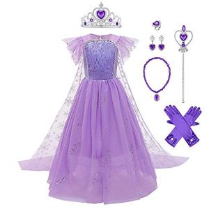 IWEMEK Filles Déguisements Princesse Elsa Robe Longue avec Cape + Accessoires Reine des Neige 2 Costume de Carnaval Halloween Noël Robes de fête d'anniversaire Enfants Violet Set 7-8 Ans (IWEMEK, neuf)