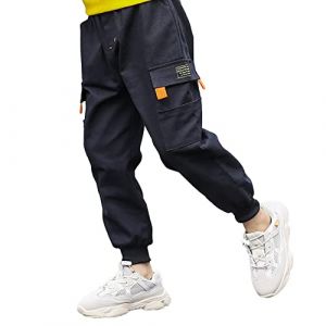 Rolanko Pantalon Cargo Garçon Jogging Enfant Slim Fit Camouflage Pantalons Ave Taille Élastiquée, Tout Noir, Taille du Tag: 150 (rolanko, neuf)
