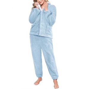 Tuopuda Pyjama Noel Pilou Pilou Femme Chauds Polaire 2 pi&egrave;ces, Haut Tops avec Pyjama Pantalon Doux Nightwear Nuisette V&ecirc;tements de Maison Idee Cadeau Femme Maman Mamie, Bleu, XL (GHF-Direct, neuf)