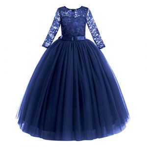 Fille Robe de Demoiselle d'honneur Princesse Dentelle Tutu Tulle Mariage Robe Longue de Soirée Formelle Fête d'anniversaire Soirée Cérémonie Manches 3/4 Robe de Première Communion Bleu Marine 11-12Ans (FYMNSI store, neuf)