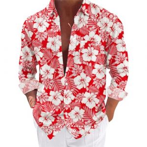 Chemise d&eacute;contract&eacute;e &agrave; manches longues pour homme, chemise de plage &agrave; fleurs et costumes longs, chemises en lin pour homme, Rouge, L (zaxljey, neuf)