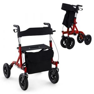 RELAX4LIFE Déambulateur 4 Roues, Déambulateur Pliable Léger Aluminium, Siège Temporaire, Roues Tout-Terrain, Hauteur 81-94 CM, Sac, Porte-Canne, Rollator Portable pour Agés Handicapés (Rouge) (RELAX4LIFE, neuf)