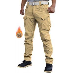 WINKEEY Pantalon de Travail Homme Pantalon Tactique Doublé en Polaire Softshell Imperméable Coupe-Vent, Kaki Polaire S (WINKEEY, neuf)