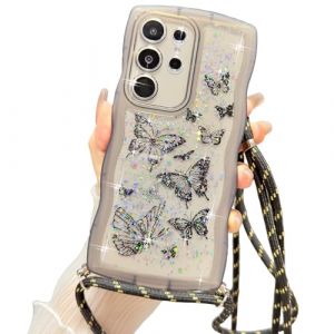 Yzniyzce Cordon de Coque Compatible avec Samsung Galaxy S23 Ultra 5G 6.8'', Transparentes Wave Housse Brillant Paillette R&eacute;glable Lanyard Cute Silicone Lanyard Papillon &Eacute;tui pour Fille Femme, Blanc (Ynice, neuf)